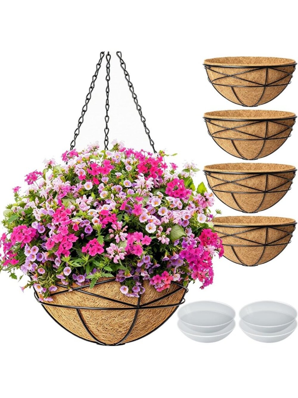 12-Inch Metal Hanging Planters - 4 Pack with Coco Liner for Outdoor Garden Decor